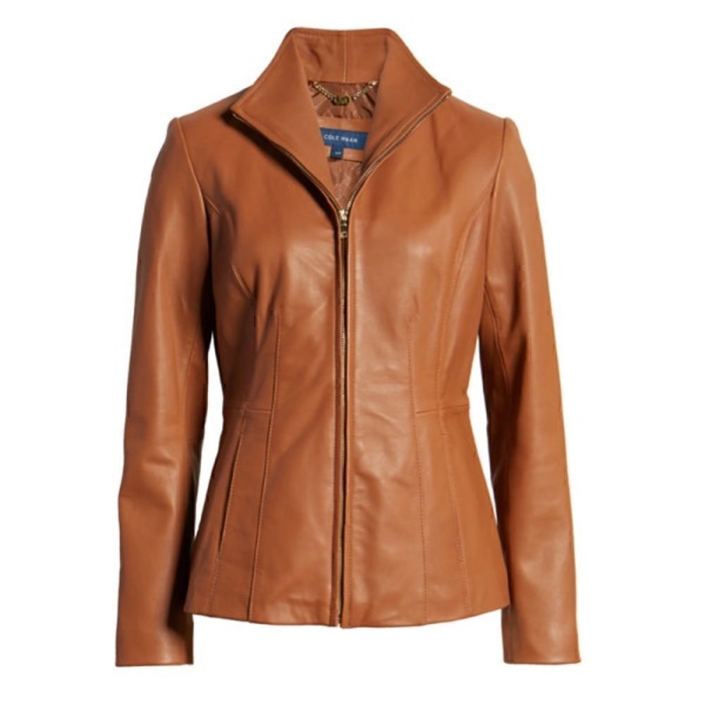 COLE HAAN Brown Tan Lambskin Leather Jacket XS